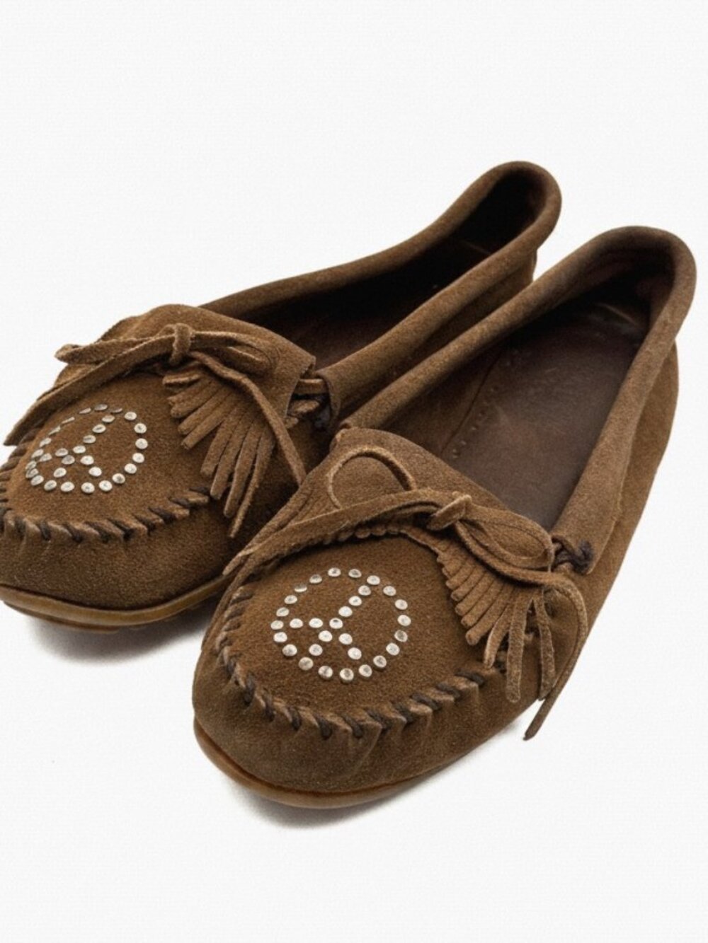Minnetonka Brown Suede Peace Moc Studded Fringe Moccasins Size 9.5